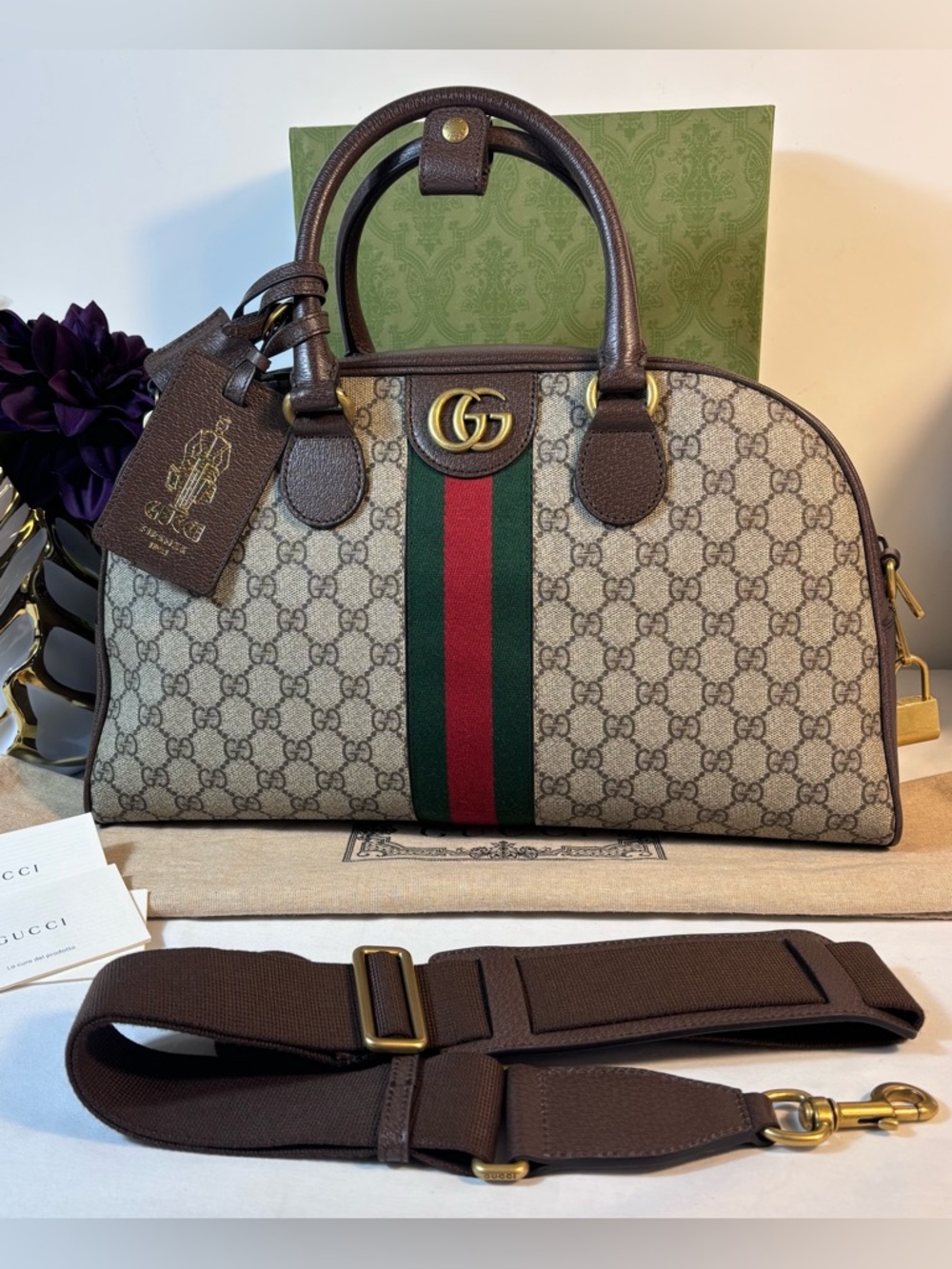 Gucci Beige/Brown GG Supreme Top Handle Satchel with Green & Red Web